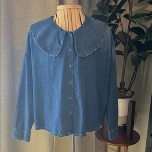 Zara Indigo Denim Blouse with Oversized Collar